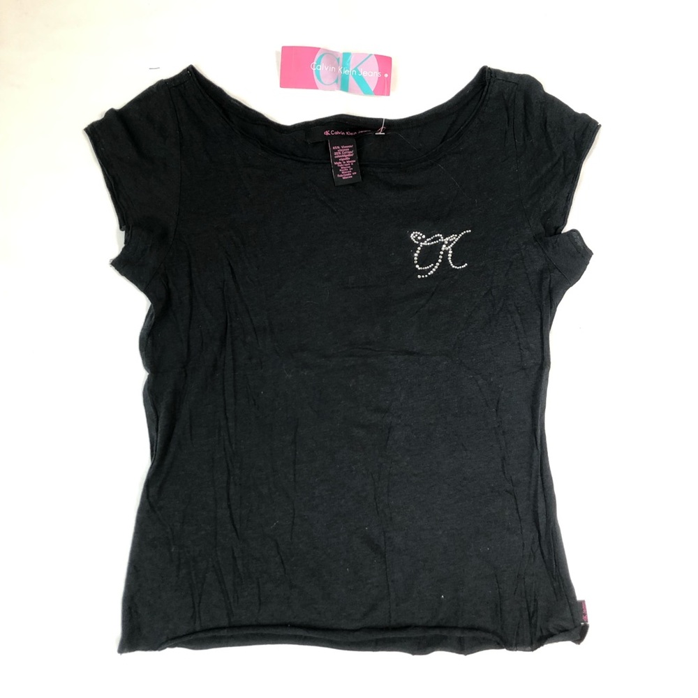 Black Comfortable Rhinestone CK Logo Crop Tee